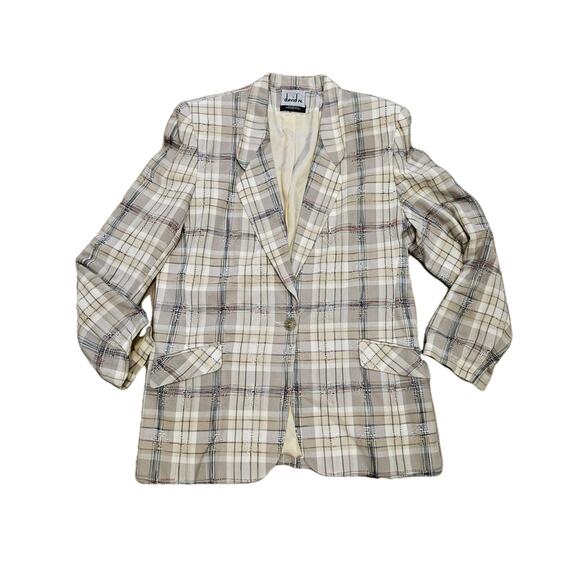 Vtg David N Plaid Blazer Womens 12 Linen Textured Acadamia Workwear Cottage Boho - Picture 1 of 9